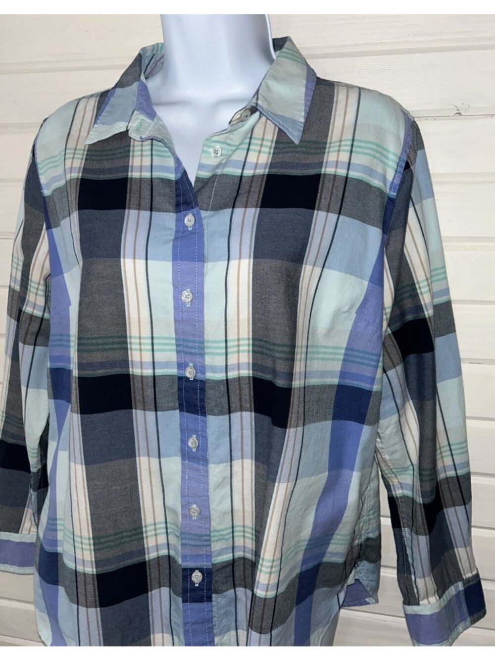 Talbots Sz PETITES LARGE LP Blue Plaid Madras Cotton Button Shirt EUC